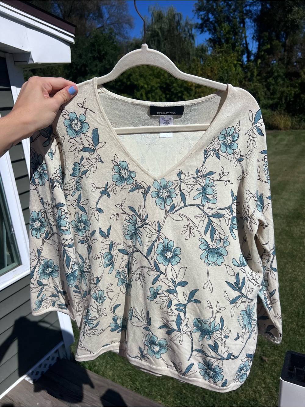 Jones New York Silk Blend Floral V-Neck Sweater XL